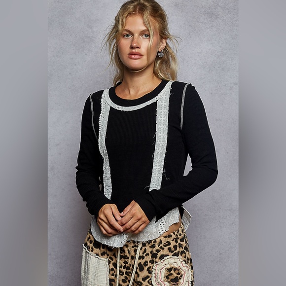 NWT POL Clothing Crochet Patch Button Detail Back Ribbed Long Sleeve Top Shirt - Picture 3 of 7